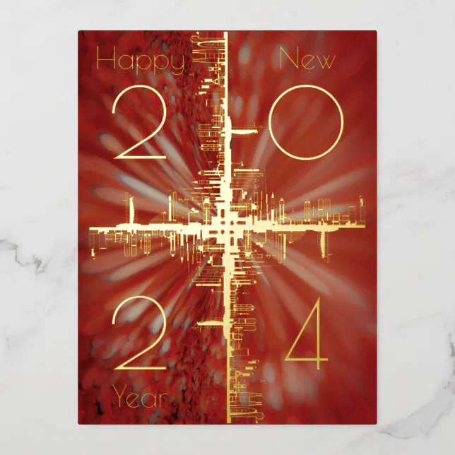 City symmetry - gold - happy new year 2024 foil holiday postcard