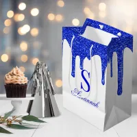 Chic Royal Blue Glitter Drips Sparkle Monogram Medium Gift Bag