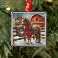 Pretty Christmas Horse on a Festive Farm Metal Ornament