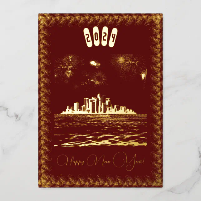 City skyline and fireworks gold - happy new year foil invitation