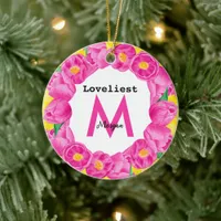 Pink and Yellow Tulip Wreath Loveliest Monogram Ceramic Ornament