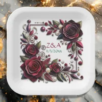 Pretty Burgundy Roses Floral Monogrammed Paper Plates