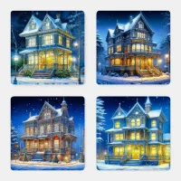 Festive Victorian Christmas Houses on Winter Night Coaster Set