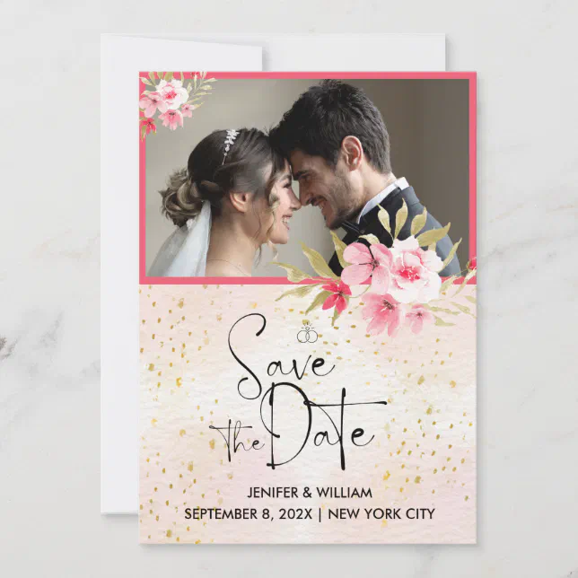 Pink Watercolor Photo Wedding Save the Date Card