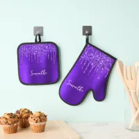 Dripping Violet Glitter Glam Name Oven Mitt & Pot Holder Set