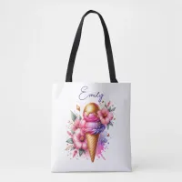 Pretty Pink and Gold Ice Cream Cone Floral Tote Bag