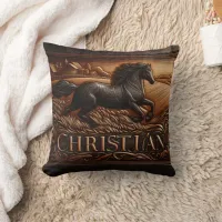 Engraved Horse Running Across Wheat Field Throw Pillow