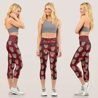 Sugar Skull Cinco de Mayo Red Floral Kaleidoscope Capri Leggings