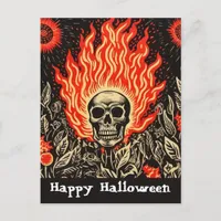 Skull on Fire Linocut Art Happy Halloween Postcard