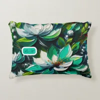 Green and White Floral Initial Monogram | Accent Pillow