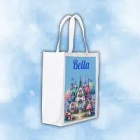 Pink & Blue Fairy Cottage Core Monogram on Blue | Grocery Bag