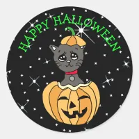 Halloween Cute  Black Cat in Pumpkin Classic Round Sticker