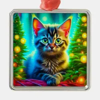 Christmas Kitten and Christmas Trees Metal Ornament