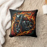 Motorcycle racing through flames at dusk throw pillow