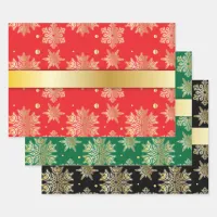 Christmas Gold Snowflakes On Red|Green|Black Wrapping Paper Sheets