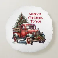  Old-Fashioned Christmas Vintage Red Truck Round Pillow