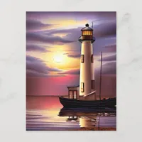 Beautiful Lighthouse, Sailboat and Ocean Sunset Postcard