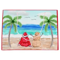 Santa and Sand Snowman on Beach Christmas Large Gift Bag