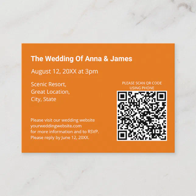 Modern Bright Orange Wedding QR Code Enclosure Card
