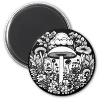 Black and White Flowers and Mushrooms Vintage Magnet