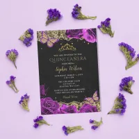 Vintage Purple Roses Black Gold Lace Quincea&#241;era Invitation