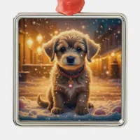 Cute Puppy Dog Playing in the Snow Christmas Metal Ornament