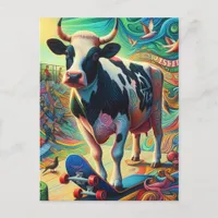 Skateboarding Surreal Colorful Fun Holstein Cow Postcard