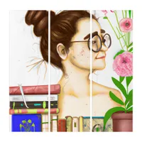 Lady in Glasses, Books and Flowers Triptych