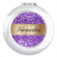 Sparkly Purple Glitter Gold Foil Monogram Compact Mirror