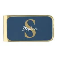 Monogram Navy Blue and Gold Custom Gold Finish Money Clip