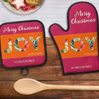 Colorful Festive Joy To The World Merry Christmas Oven Mitt & Pot Holder Set