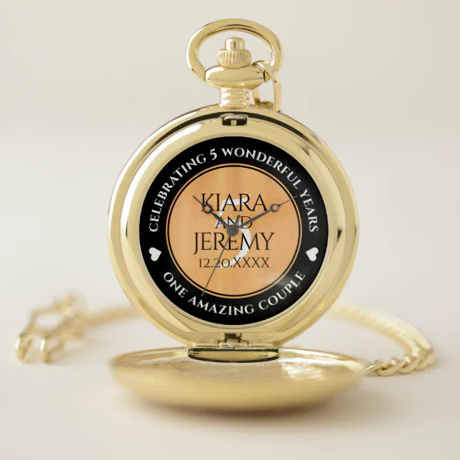 Elegant 5th Wood Wedding Anniversary Celebration Pocket Watch