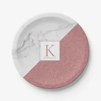 Marble Blush Pink Glitter Monogram Geometric Paper Plates