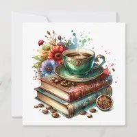  Vintage Books, Flowers and Coffee  Card