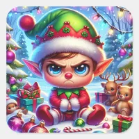 Funny Grumpy Elf Christmas Square Sticker