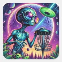 Disc Golfing Alien   Square Sticker
