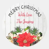 Merry Christmas Personalized Poinsettia Classic Round Sticker