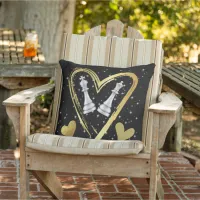 Gold Hearts King and Queen Chess Pieces on Black | Outdoor Pillow