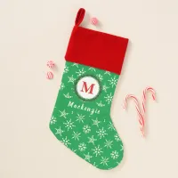 Monogram Wreath Your Name Green & White Snowflakes Christmas Stocking