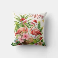 Merry Pink Flamingos with Drink Throw Pillow