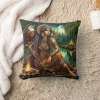 Native American Woman Sitting With Eagle By Water Throw Pillow