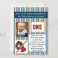 blue baseball first birthday photo invitation