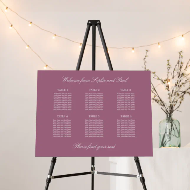 Mauve 6 Table Wedding Seating Chart Foam Board