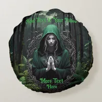 Mystical Green Figure in moody Woods Praying Round Pillow