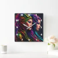 Vibrant Rainbow Hair Artistry With Dual Portraits Square Wall Clock