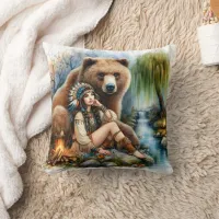 Native American Woman Sitting By River With Bear Throw Pillow