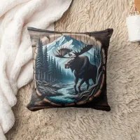 Majestic Moose by Stream in Mountain Landscape Throw Pillow