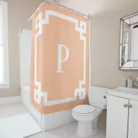 Peach and White Greek Key Border Monogram Shower Curtain