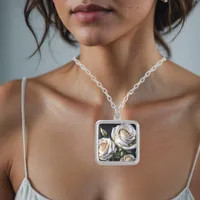 Gorgeous white roses with golden details silver plated necklace