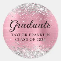 Silver Glitter Pink Class of 2024 Graduate Classic Round Sticker